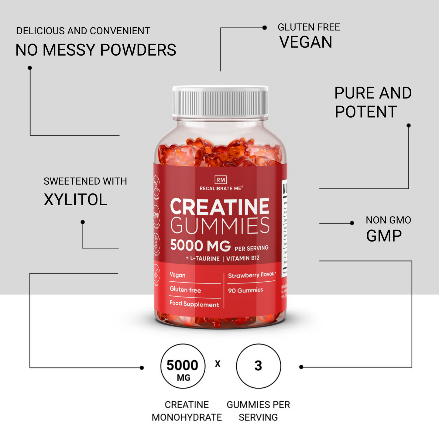 Creatine Gummies 5000 MG (Strawberry Flavour) - Creatine Monohydrate + L-Taurine + B12