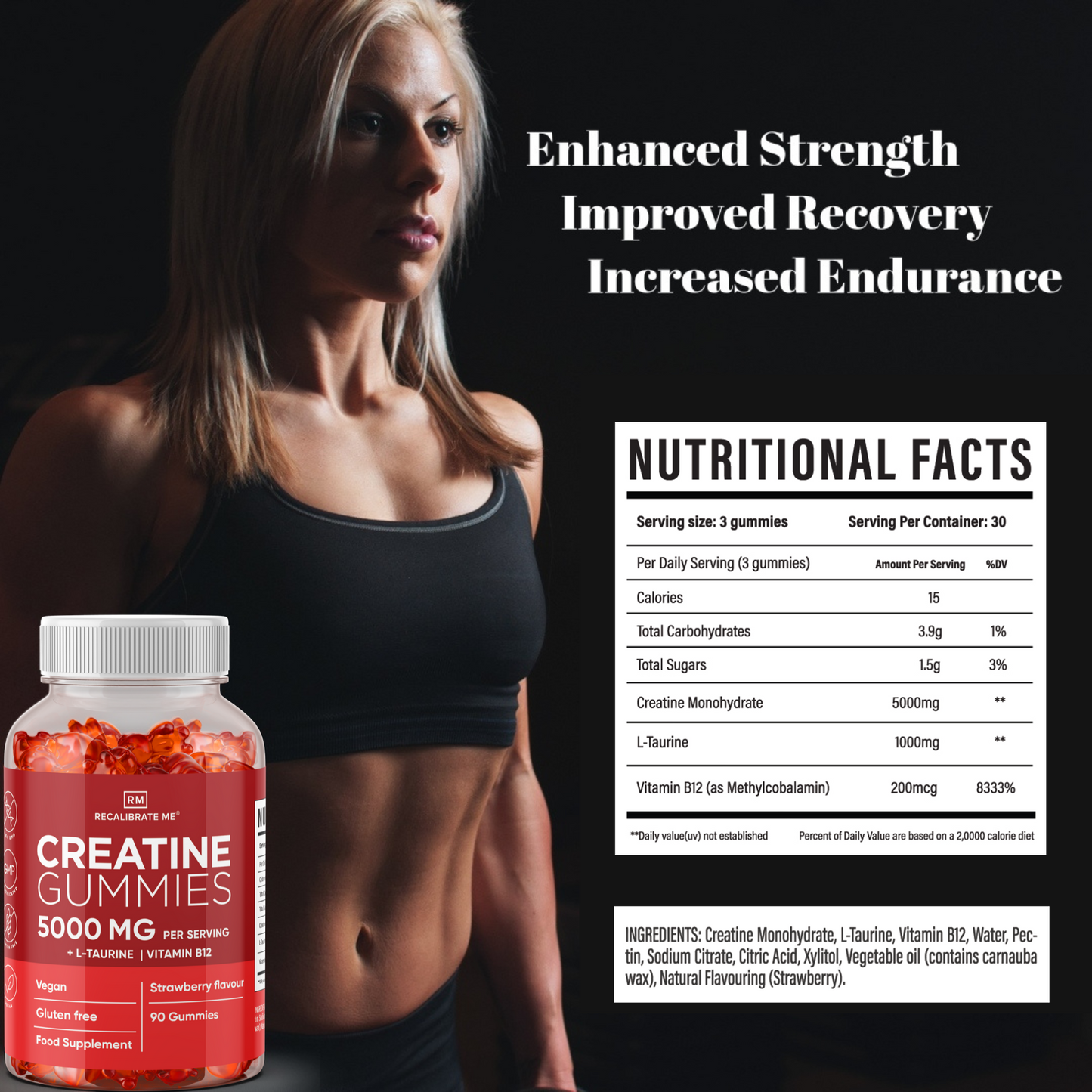 Creatine Gummies 5000 MG (Strawberry Flavour) - Creatine Monohydrate + L-Taurine + B12